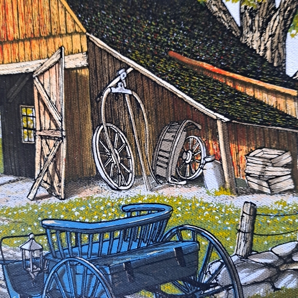 Rare Vtg H. Hargrove Signed, Matted Framed Oil Painting- Barn,Blue Cart/Buggy - Picture 3 of 13